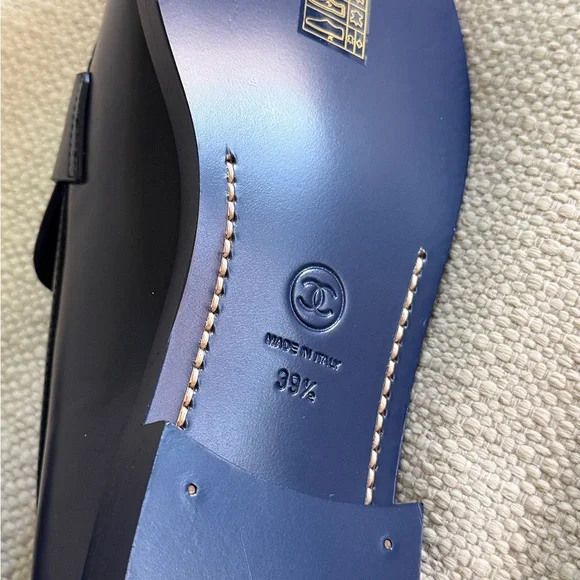 CHANEL Navy Leather Logo Penny Loafers IT 39.5 with dust bag - Picture 9 of 13